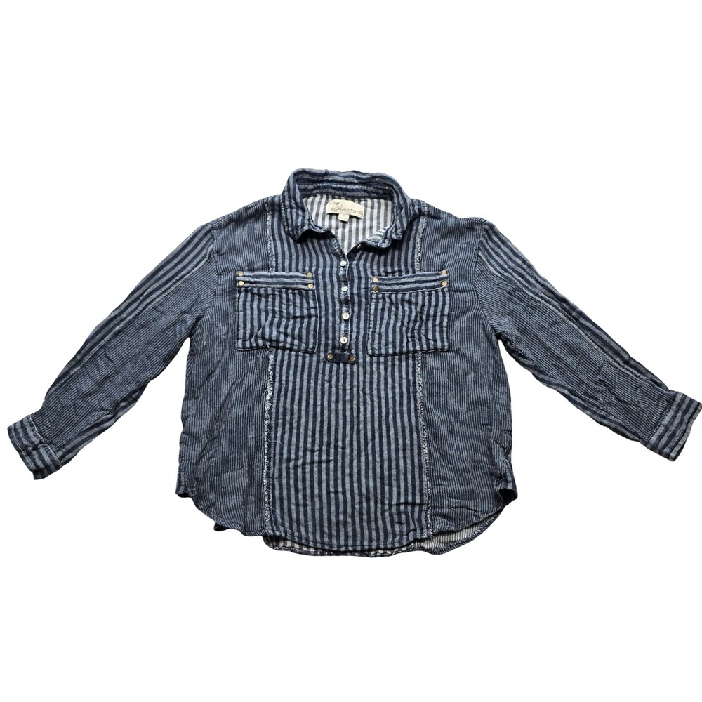 Vintage Havana Stripe Henley Button Front Top Blue Women’s S